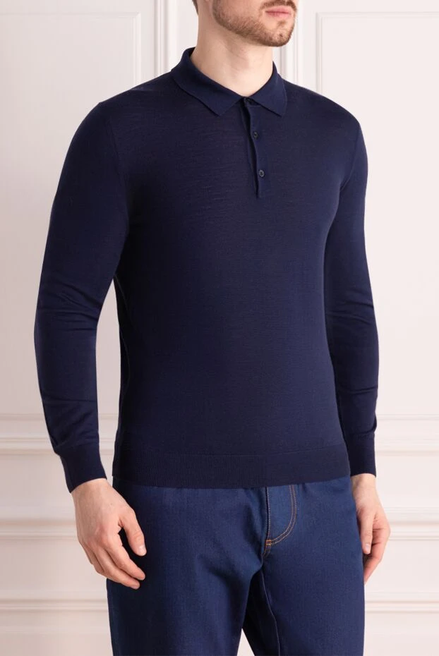 Cesare di Napoli men's long sleeve wool thin knitted dark blue polo shirt with buttons 171236 - photo 3
