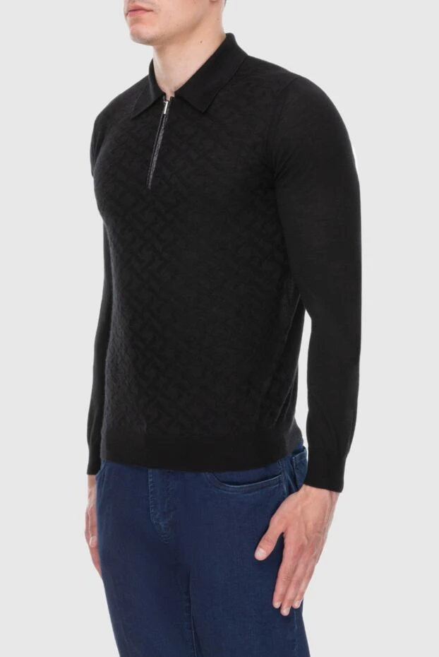 Cesare di Napoli black zip polo shirt in silk and cashmere with crocodile leather trim
 171389 - photo 3