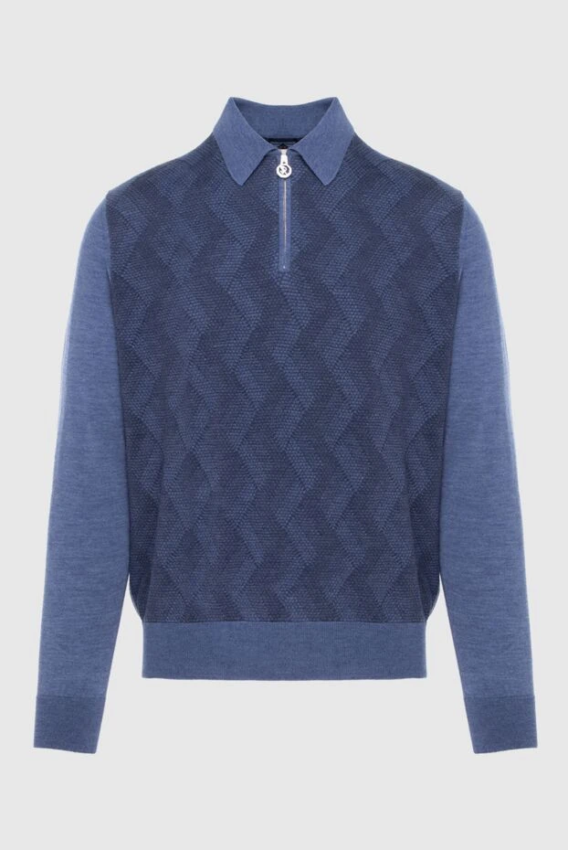 Поло с длинным рукавом синего цвета с рельефной вязкой - фото 1