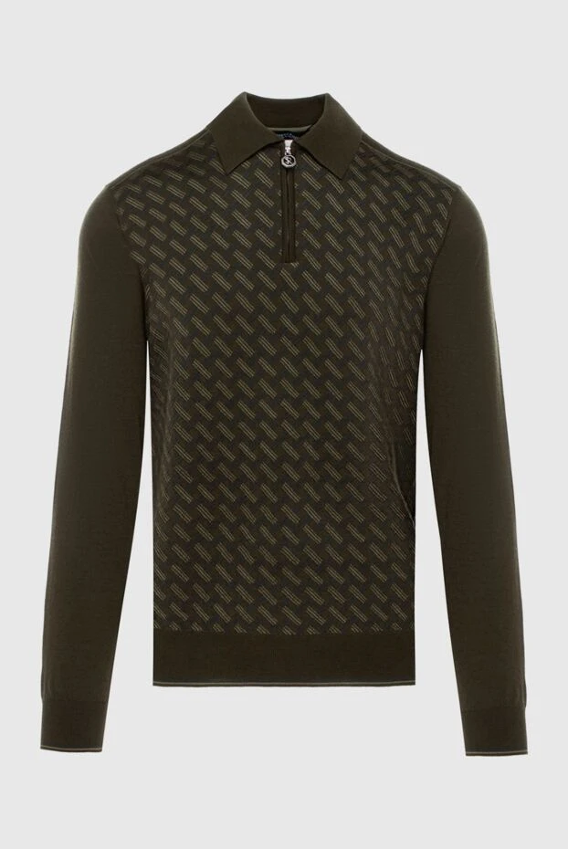 Long-sleeve silk and cashmere polo shirt in olive green with a geometric pattern
- photo 1