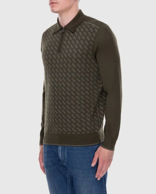 Stefano Ricci long-sleeve silk and cashmere polo shirt in olive green with a geometric pattern
 171475 - photo 3