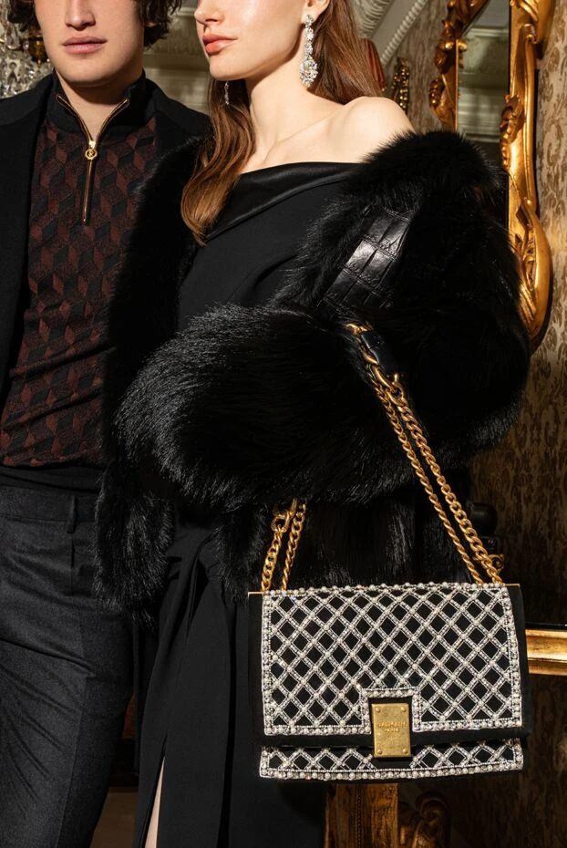 Balmain інжу-магнитті түймелі алтын жалатылған шынжырлы қара былғары сөмке әйелдерге арналған 171554 - фото 2