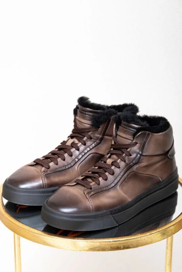 Santoni высокие кроссовки из коричневой кожи с меховой отделкой 171795 - фото 2