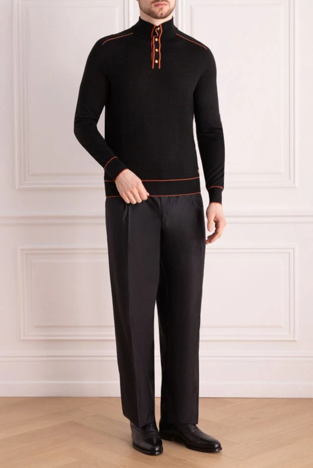 Черный тройер из кашемира и шелка с контрастной отделкой в оранжевом тоне - фото 2