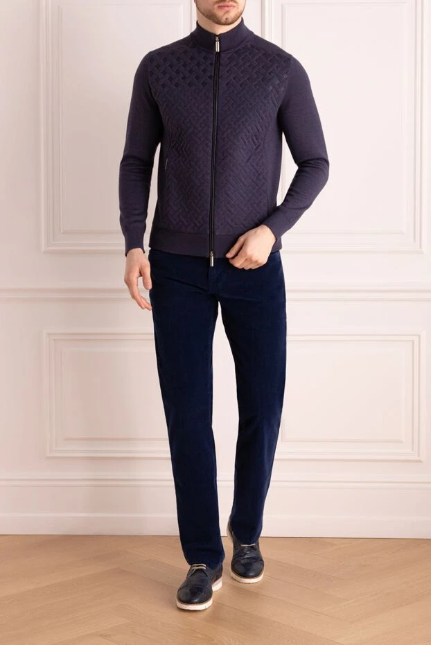 Кардиган мужской из кашемира, шелка и натуральной кожи синий - фото 2
