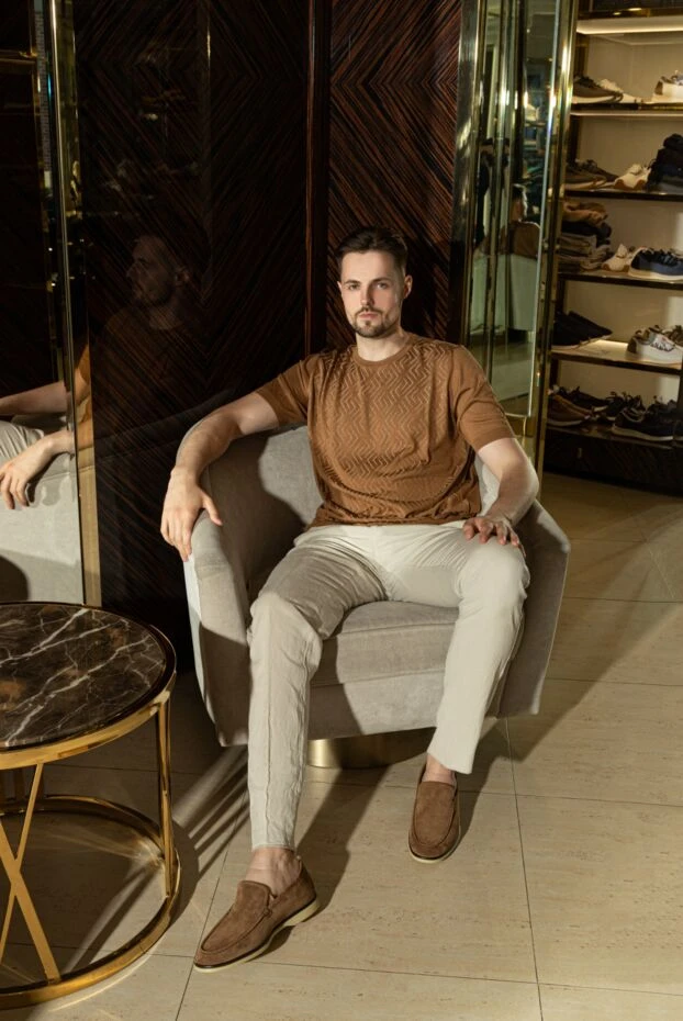 Brown suede loafers with light sole and dark trim for men - photo 2