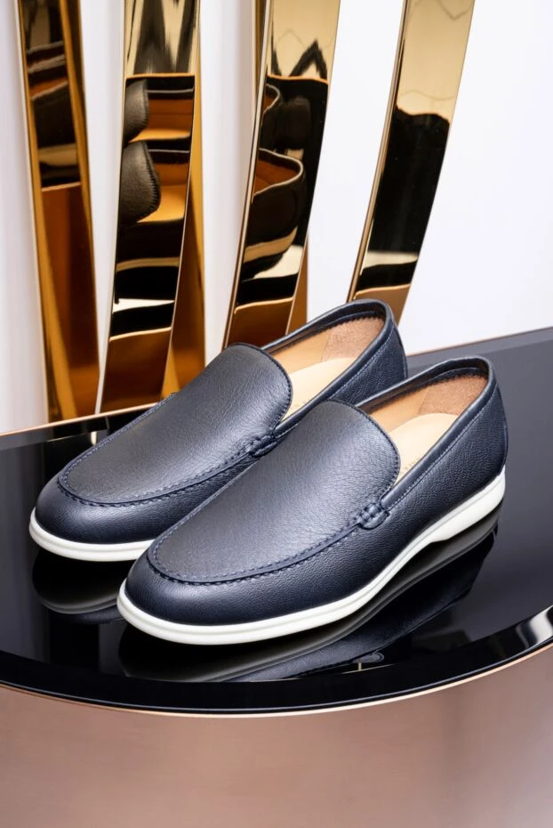 Cesare di Napoli ашық табанды, қою жиегі бар көк фактурлы былғарыдан жасалған лоферлер ерлерге арналган 172404 - фото 2