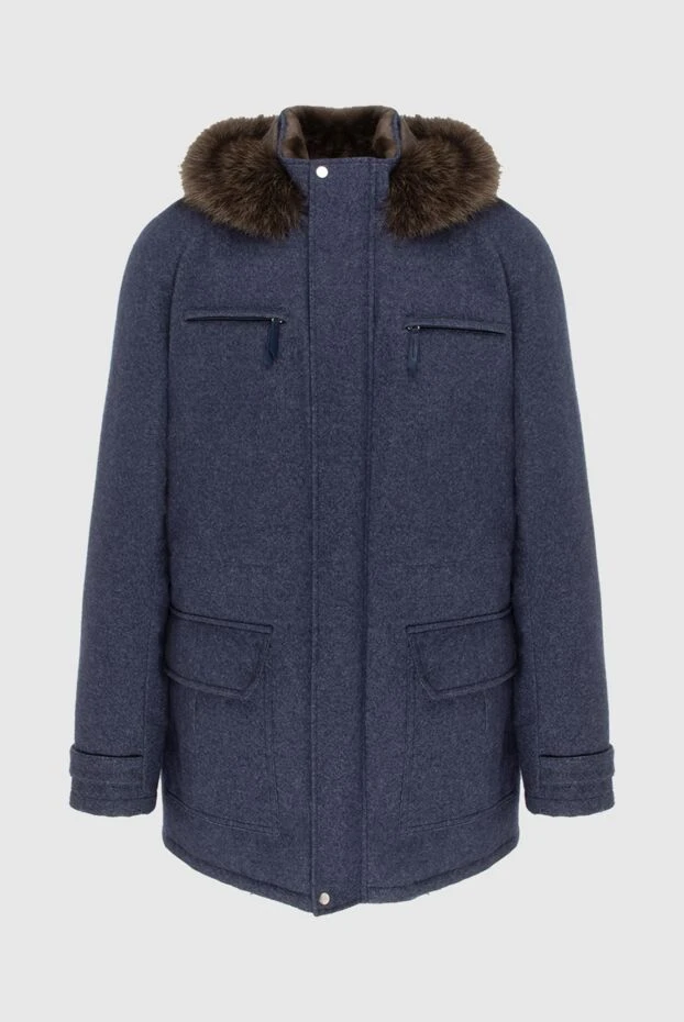 Пуховик мужской из кашемира с меховой отделкой капюшона и накладными карманами - фото 1