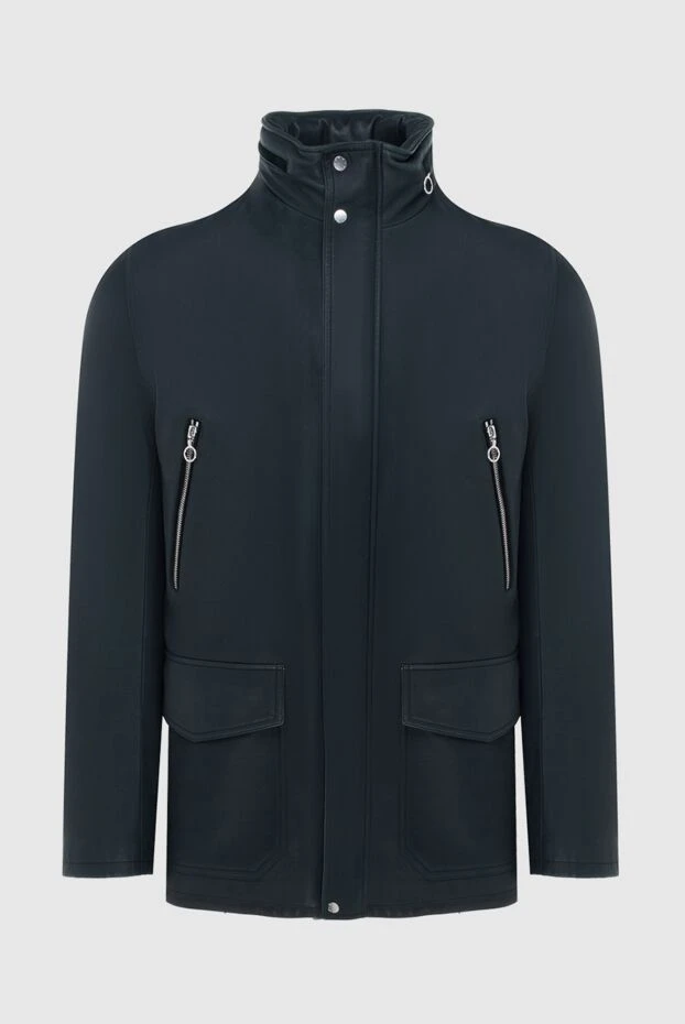 Куртка кожаная синяя удлиненная с высоким воротником мужская - фото 1