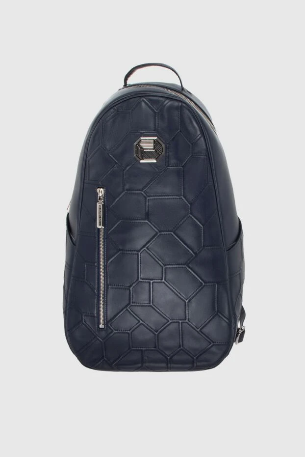 Мужской рюкзак из натуральной кожи темно синего цвета с геометричной прострочкой - фото 1