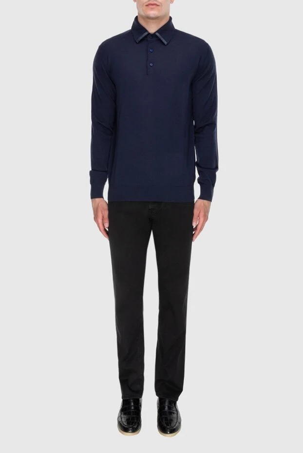 Поло с длинным рукавом из шелка, кашемира и кожи крокодила синее мужское - фото 2