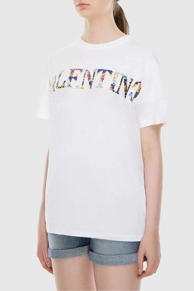 Valentino футболка белая хлопковая женская с логотипом из пайеток 172894 - фото 3