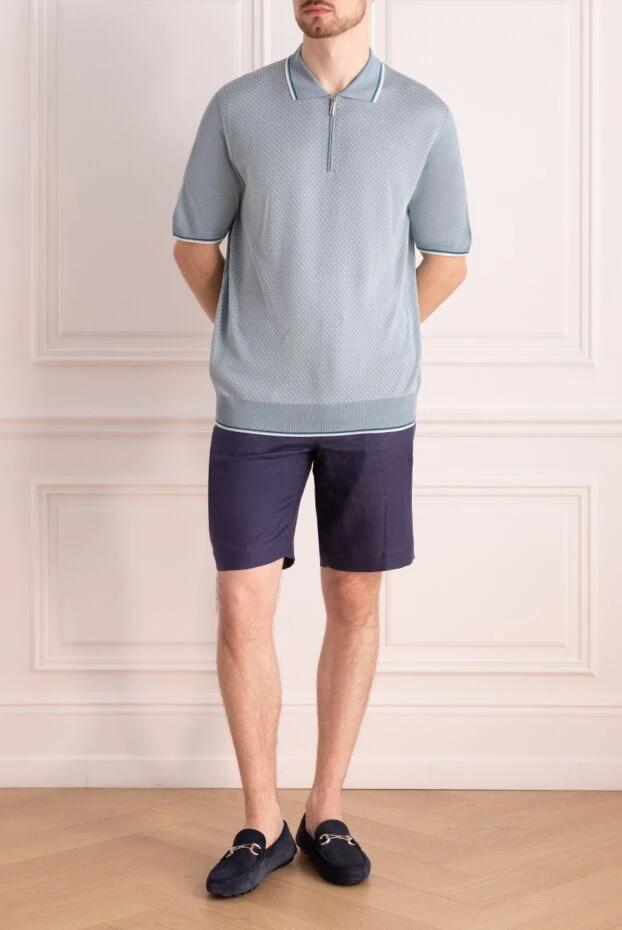 Геометриялық микро өрнегі бар ерлерге арналған ашық көк түсті сыдырмалы поло жейдесі - фото 2