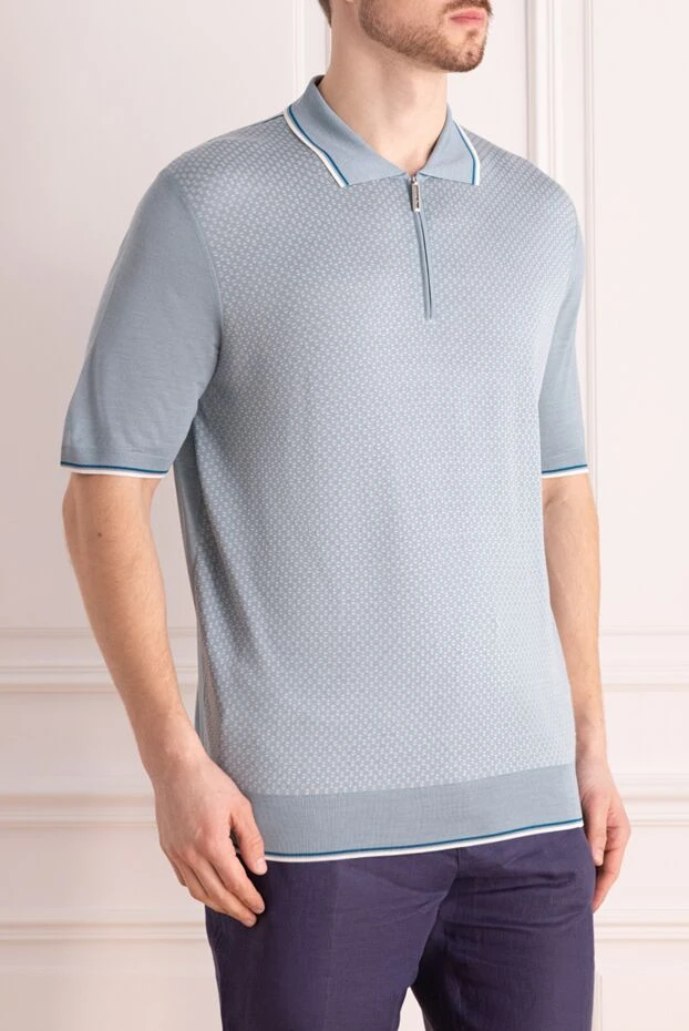 Stefano Ricci мужская рубашка-поло на молнии голубая с геометрическим микроузором 173259 - фото 3