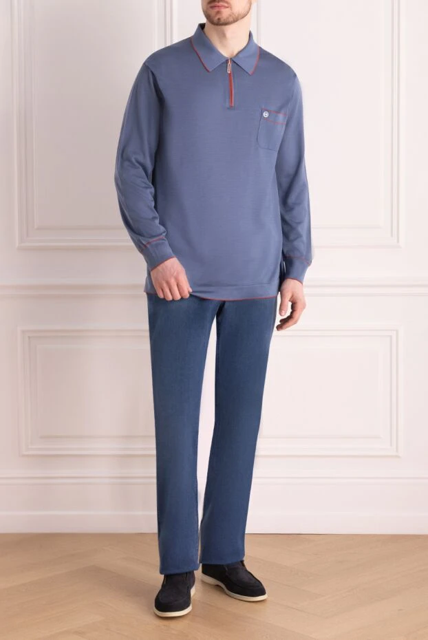 Stefano Ricci поло с длинным рукавом из шелка синее с нагрудным карманом 173260 - фото 2