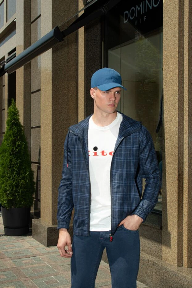 Спортивная кофта мужская хлопковая синяя в клетку с капюшоном  - фото 2