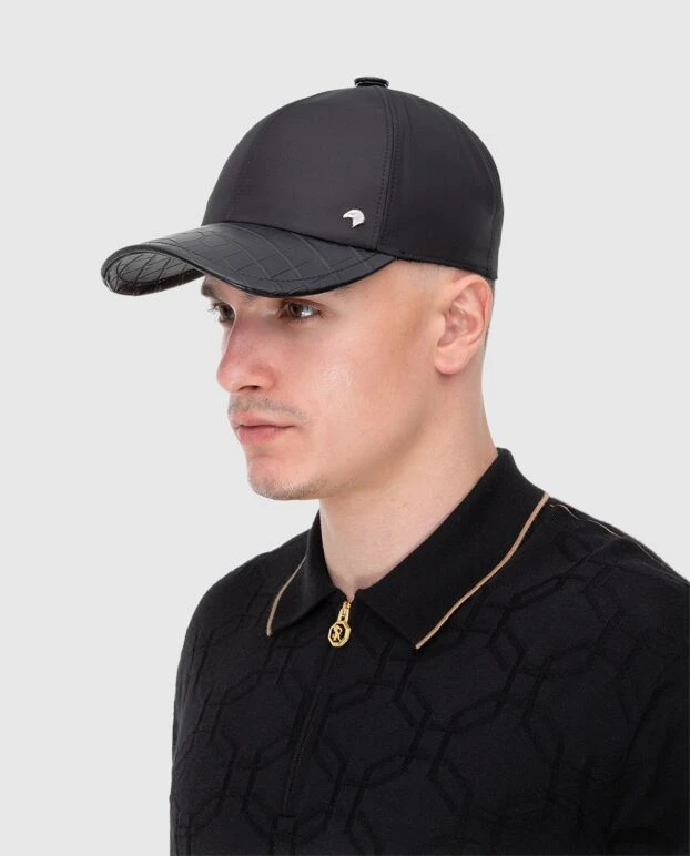 Кепка из кожи аллигатора и шелка черная мужская - фото 1