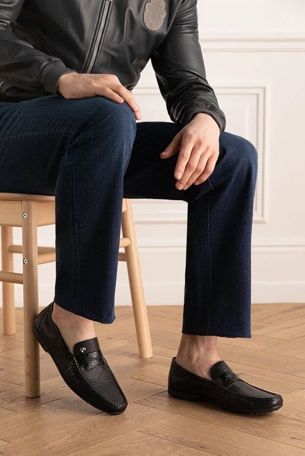 Stefano Ricci black men's loafers with textured leather and metallic logo 173724 - photo 2