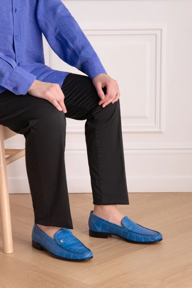 Stefano Ricci лоферы мужские голубые из фактурной кожи и металлическим лого 173728 - фото 2