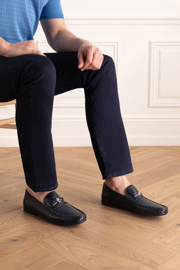 Stefano Ricci лоферы мужские синие из фактурной кожи и металлической вставкой 173737 - фото 2