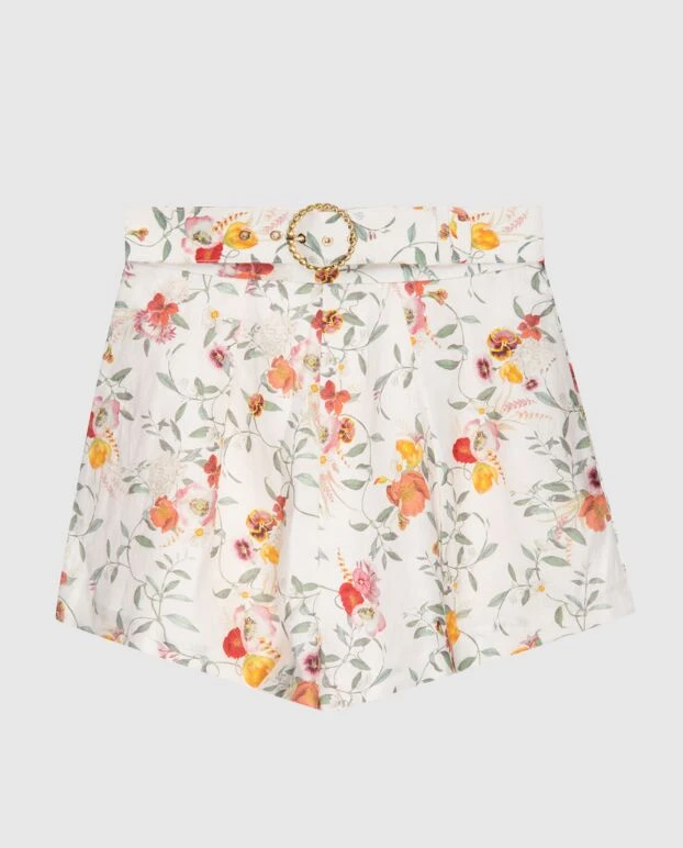 Шорты женские белые льняные с поясом в цветочный принт - фото 1