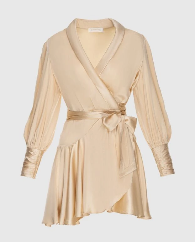 Платье-мини женское бежевое шелковое с длинными рукавами и поясом - фото 1