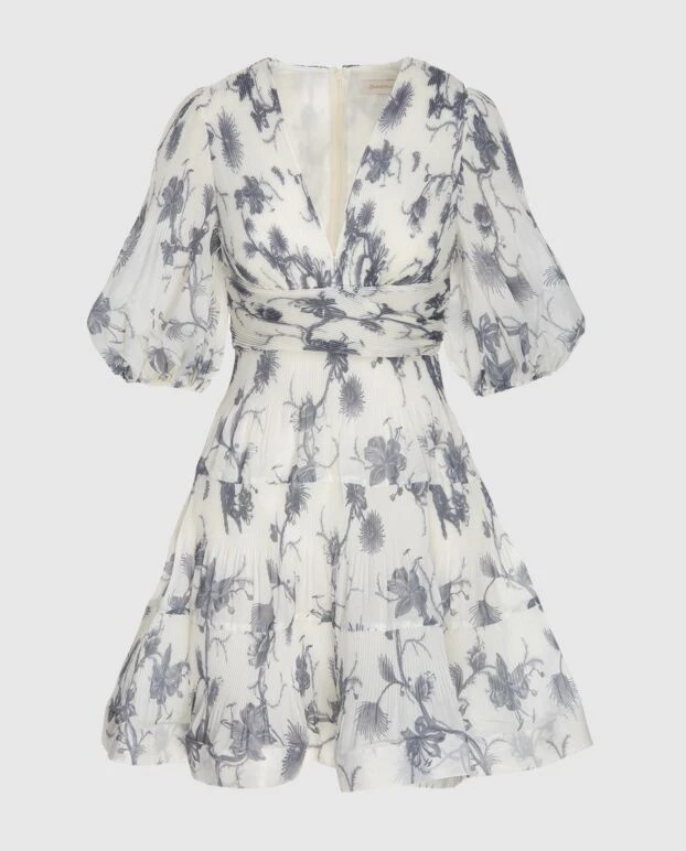 Платье-мини женское серое с V-образным вырезом и растительным принтом - фото 1