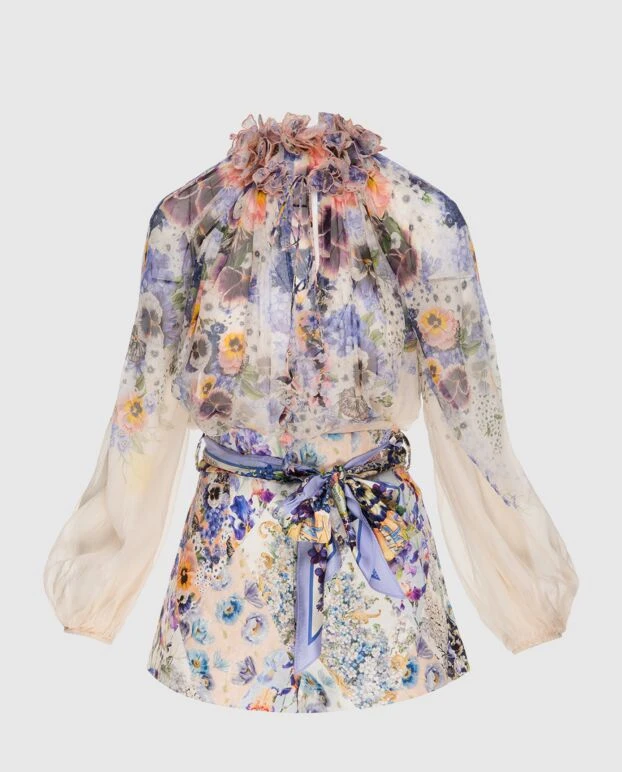 Костюм женский голубой шелковый в цветочный принт - фото 1