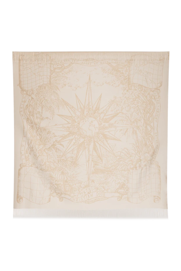 Dior шарф женский бежевый с узором картой и бахромой 173836 - фото 3