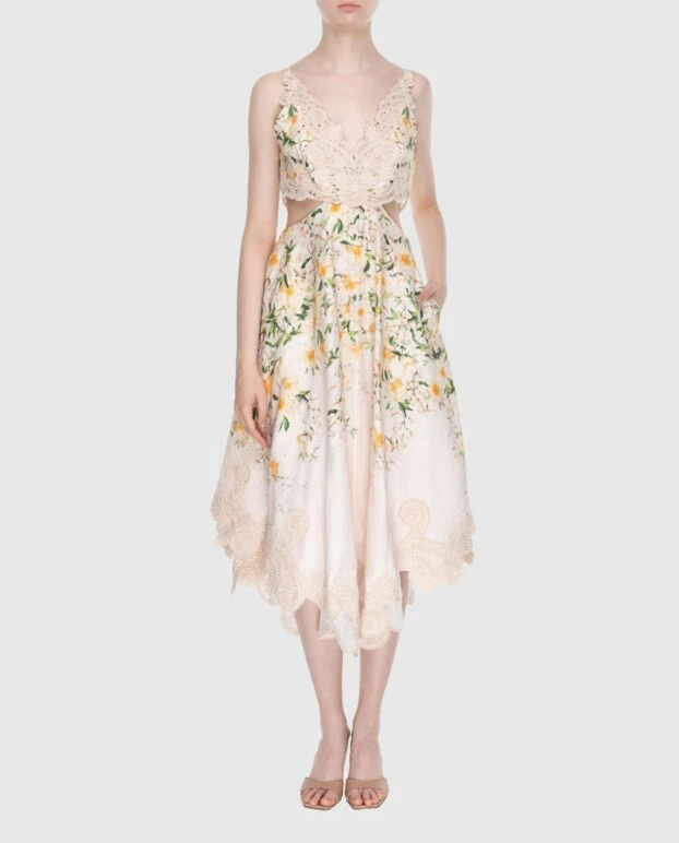 Zimmermann платье женское бежевое льняное в цветочный принт с кружевом  174042 - фото 2