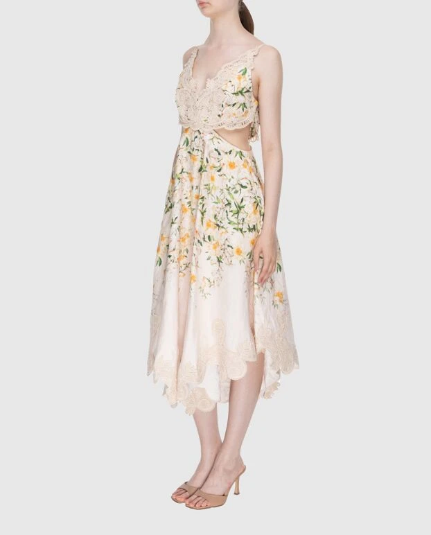 Zimmermann платье женское бежевое льняное в цветочный принт с кружевом  174042 - фото 3