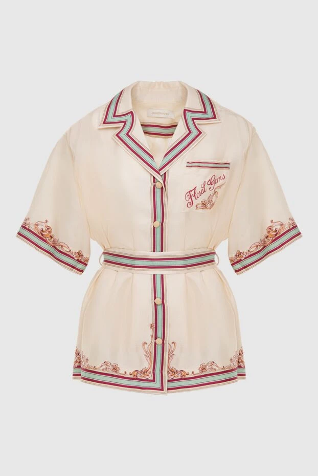 Белбеу және гүлді баспасы бар әйелдер бежевый жібек көйлегі - фото 1