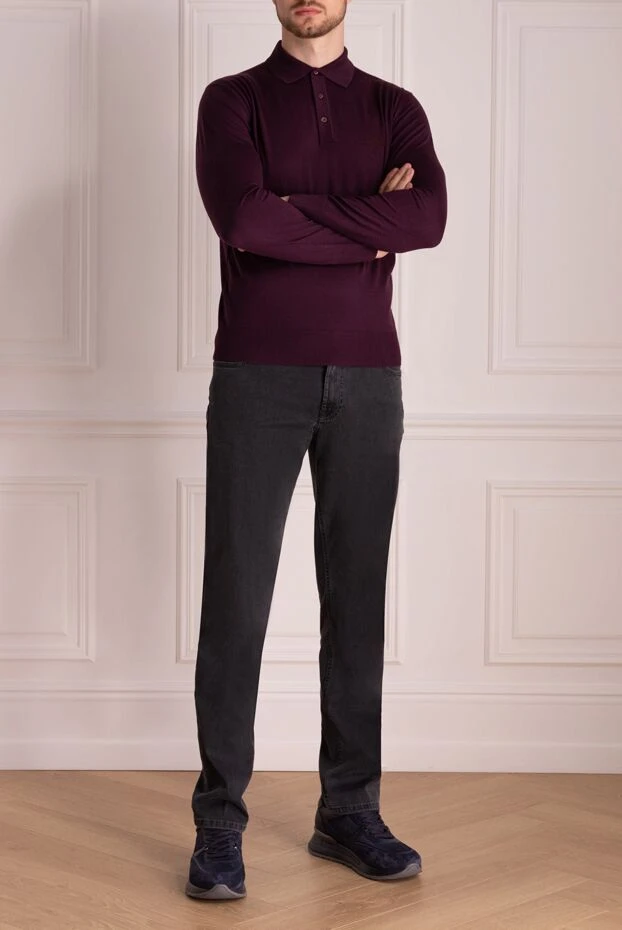 Stefano Ricci үш түймесінде кестеленген логотипі бар ерлерге арналған бургундия жүнінен жасалған поло жейдесі 174366 - фото 2