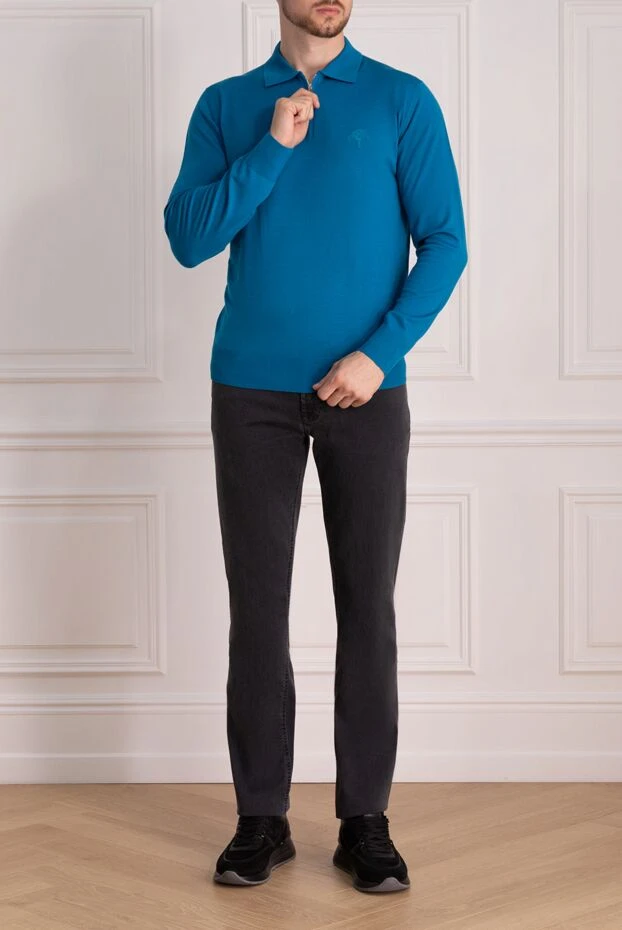 Ерлерге арналған көк жүннен жасалған, кестеленген логотипі бар поло жейдесі - фото 2