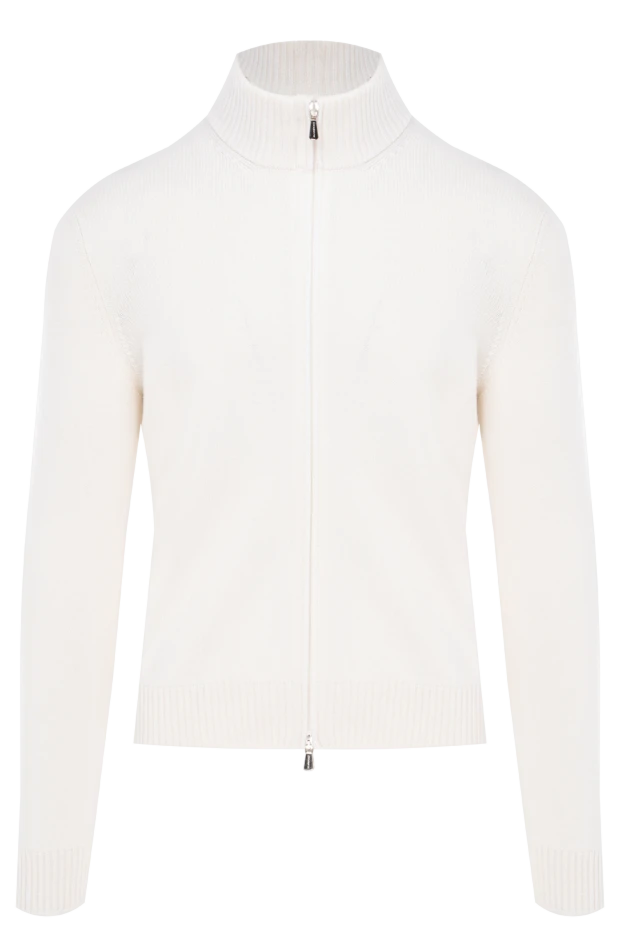 Биік сыдырма жағасы бар, сүт түсті кашемирден жасалған ерлер кардиганы - фото 1