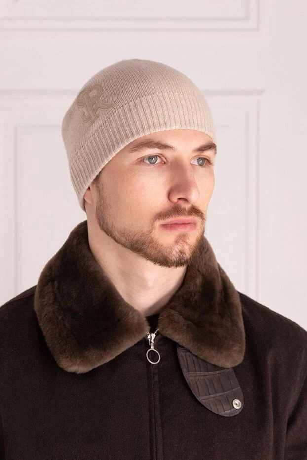 Шапка из кашемира и кожи крокодила бежевая мужская - фото 2