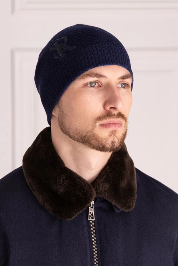 Қолтырауын терісінің монограммасы бар қою көк кашемир қалпақ - фото 2