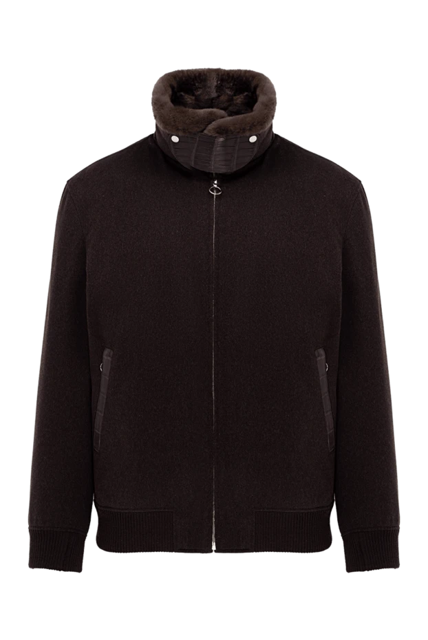 Куртка на молнии с воротником-стойкой декорированным кожаным элементом коричневая мужская - фото 1