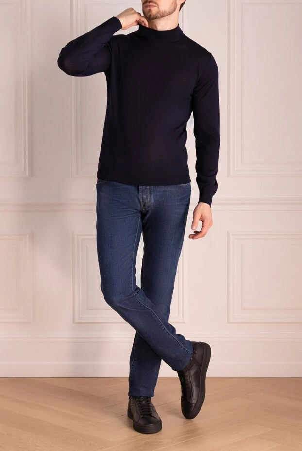 Cesare di Napoli man men's jumper with a high stand-up collar made of wool, blue купить с ценами и фото 174807 - photo 2