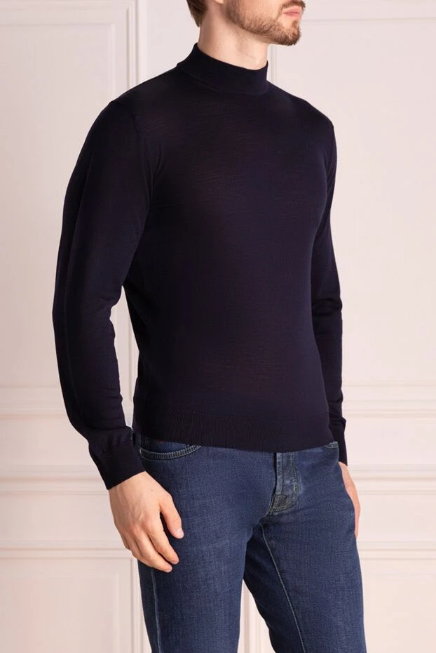 Cesare di Napoli man men's jumper with a high stand-up collar made of wool, blue купить с ценами и фото 174807 - photo 2