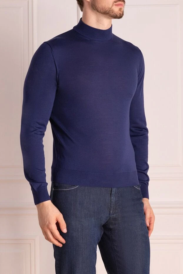 Cesare di Napoli man men's jumper with a high stand-up collar made of wool, blue купить с ценами и фото 174810 - photo 2