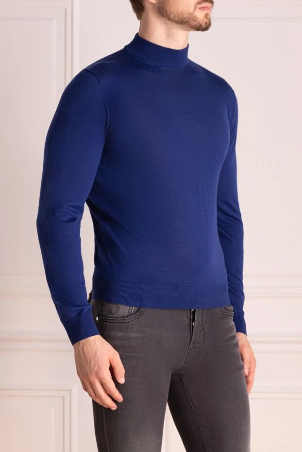 Cesare di Napoli man men's jumper with a high stand-up collar made of wool, blue купить с ценами и фото 174824 - photo 2