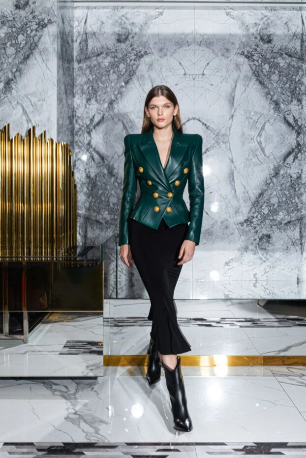 Balmain әйелдерге арналған жасыл былғары куртка 174934 - фото 3