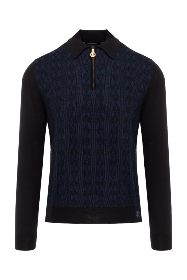 Men's blue long sleeve polo shirt with black collar and sleeves - photo 1