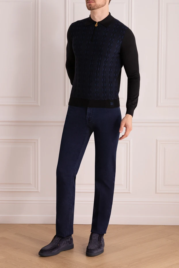 Men's blue long sleeve polo shirt with black collar and sleeves - photo 2