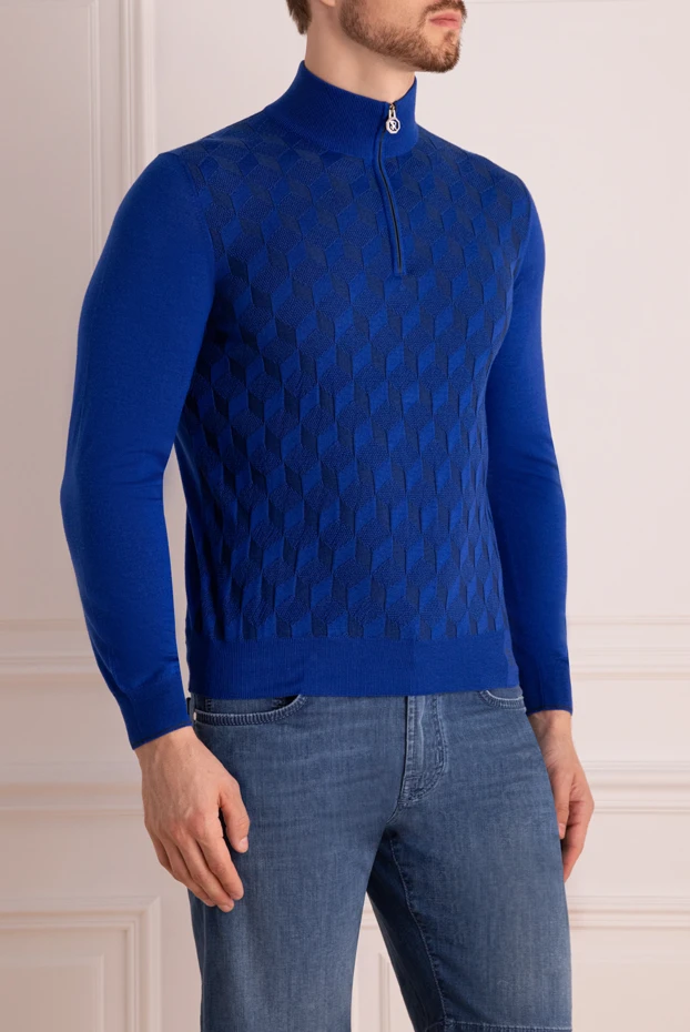 Stefano Ricci геометриялық өрімі бар, қою көк түсті жүн және жібектен жасалған тройер мата. 175045 - фото 3