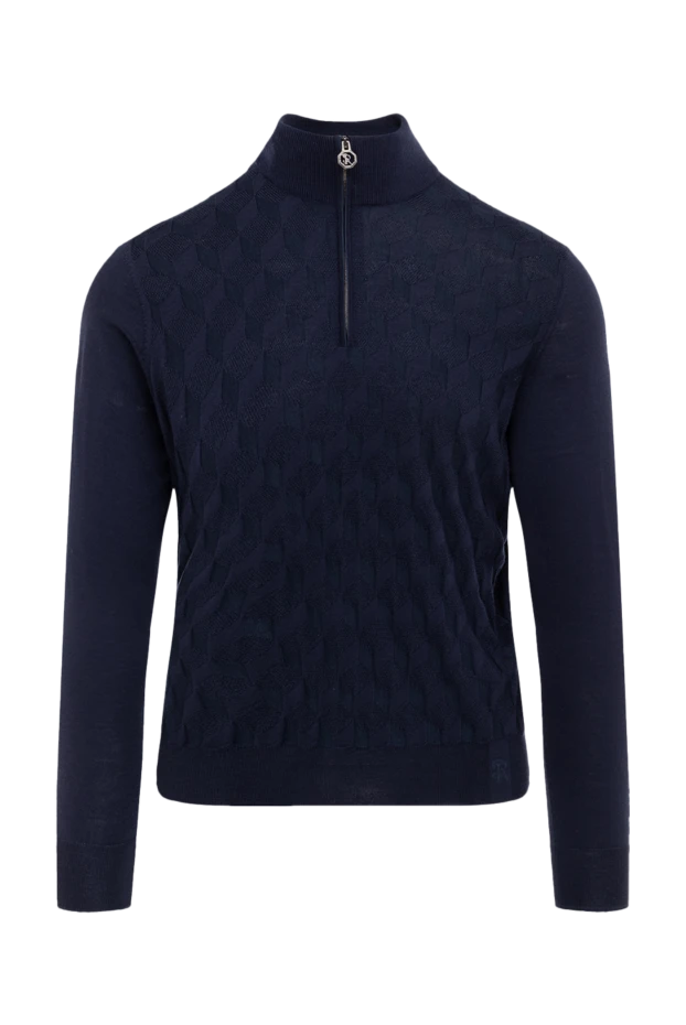 Тройер из шерсти и шелка темно синего цвета с геометрическим узором - фото 1