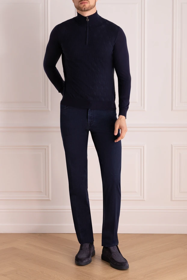 Тройер из шерсти и шелка темно синего цвета с геометрическим узором - фото 2