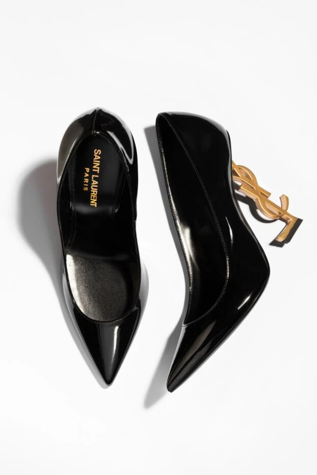 Saint Laurent туфли кожаные черные opyum с позолоченным каблуком-лого женские 175193 - фото 2