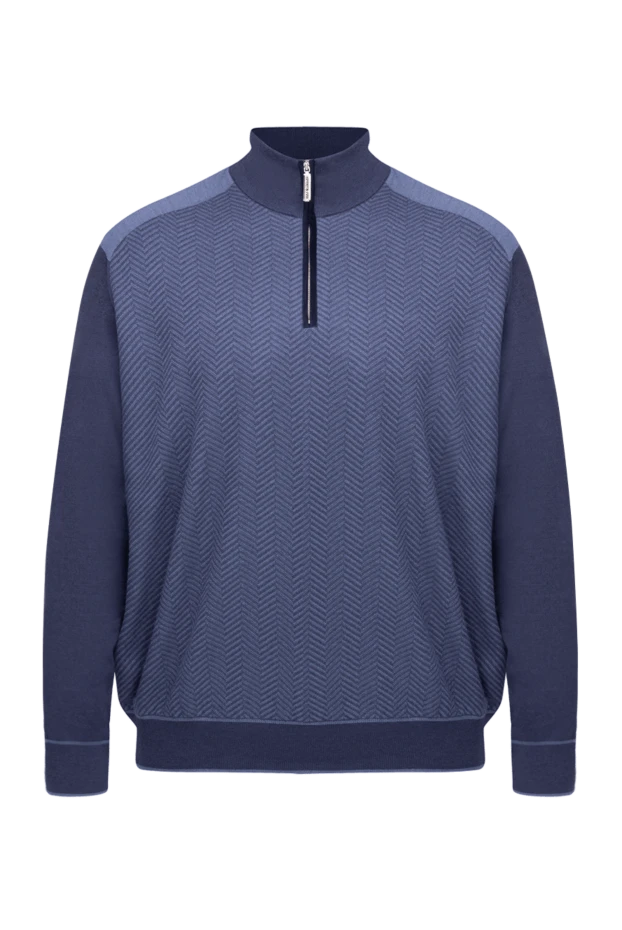 Тройер из кашемира и шелка мужской синий узором елочка - фото 1